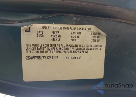 2000 Buick Century Limited из США, поврежденный, VIN 2G4WY55J7Y1231197